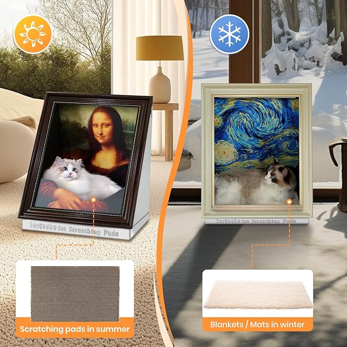 Mona Lisa Cat Bed Painting Cat Scratcher Bed CartBoard Cat House for Indoor Cats Half-Surround Design W/Horizontal Cat Scratcher Scratching Board W/Catnip(Mona Lisa, Frame Pre-Taped)
