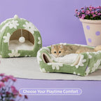 Lesure Cute Cat Beds for Indoor Cats - 2 in 1 Cat Cave Bed for Kittens and Small Pets with Removable Washable Cushioned Pillow, Cozy Ktten Tent with Non-Slip Bottom, Green, 16 inches