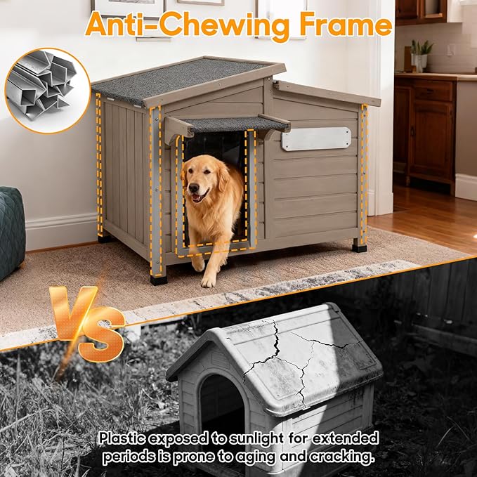 Outdoor Dog House Waterproof for Small to Medium Dogs Breeds with Openable Asphalt Roof, Anti-Chewing Iron Frame, Window, Weatherproof Indoor Outside (43.5" LX 29.5" WX 33.5" H)