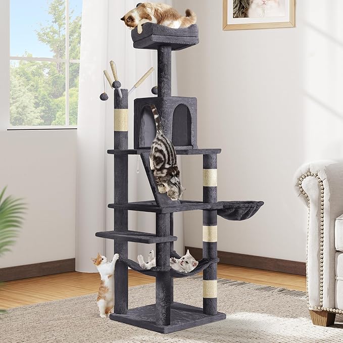 DWVO 64.5" Tall Cat Tree, Multi-Tier Cat Condo with Hammock, Scratching Posts & Play Balls for 2-3 Cats (Dark Gray)