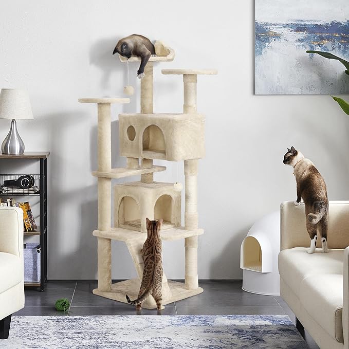 Topeakmart 61in Cat Tree for Indoor Cats, Cat Tower with Scratching Posts Spacious Perch & Platform for Kittens, Beige
