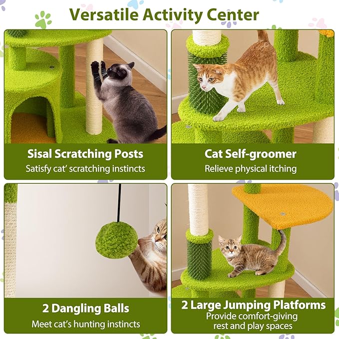 PETSITE Palm Cute Cat Tree, 48 Inches Tall with Sisal Scratching Posts, Condo, Dangling Ball, and Self Groomer, Ideal for Indoor Small & Medium Cats (19 x 16 x 48 inches)