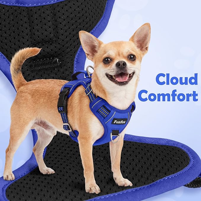 Funfox Dog Harness No Pull, Adjustable Pet Vest Harness, Super Soft Material with Vertical Handle Easy Control, Reflective Night Walking, 2 Leash Clips for Large Dogs, Blue, L