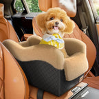 Portable Small Dog Seat for Car, Luxury Center Console Dog Car Seat Booster with Safety Tethers, Anti-Collapse Pet Travel Carseat for SUV, Truck (Black/Brown)