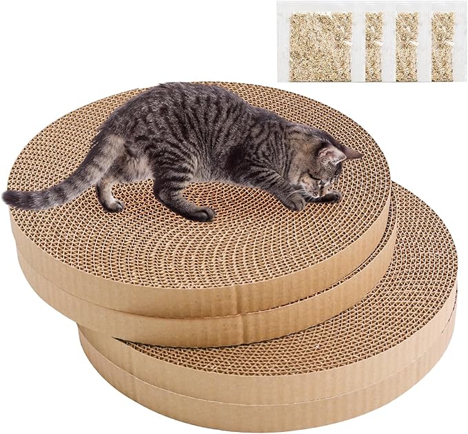 Round Cat Scratcher Replacement Pads -Circle Cat Scratcher Pad Cardboard Cat Scratchers Refill 10 inch Diameter 7/8 inch Thickness Pet Supplies, Relieves Stress, Supports Pet Behaviors, 4 Count