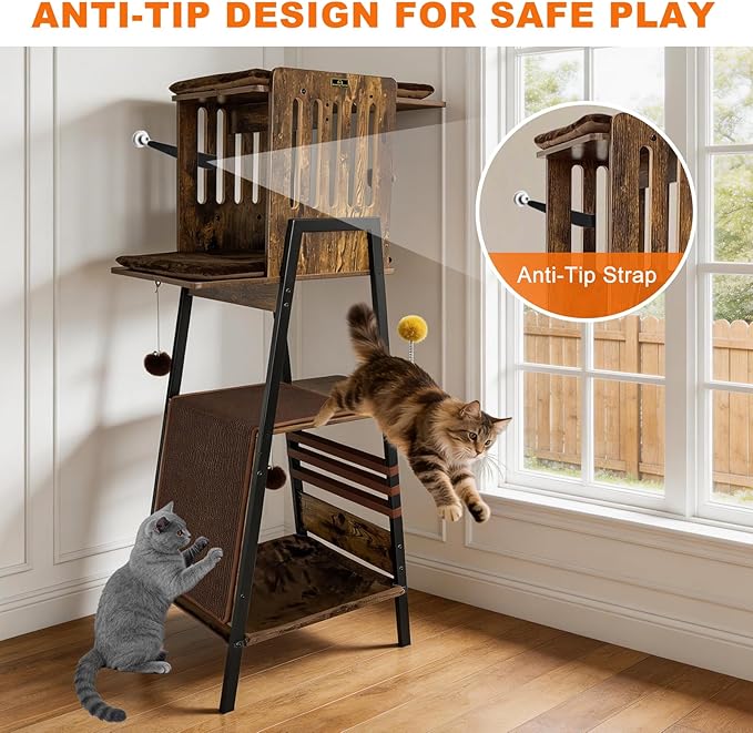 57 Inch Multi-Level Modern Cat Tree Tower with Hammock & Scratching Ramp - Wooden Heavy-Duty Cat Tower for Large Cats & Multi-Cat Households, Easy to Clean (Brown)