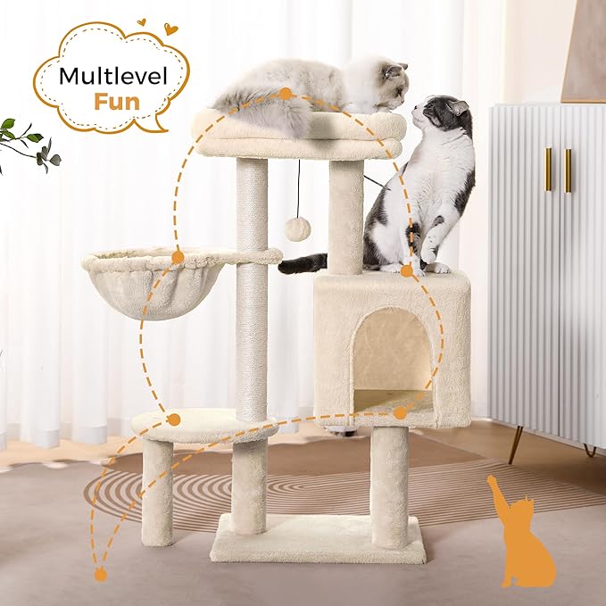 Small Cat Tree Beige Cat Tower with 32 Inches Scratching Post with Cats Condo House, Cozy Hammock and Removable Top Bed and Dangling Ball for Indoor Cats-34” Beige