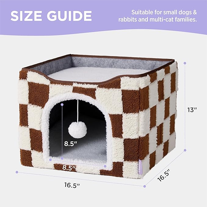 LE SURE Indoor Cat Beds Kitten House - Large Cat Cave for Pet Cube with Fluffy Ball Hanging, Foldable Small Animal Hideaway, 16.5x16.5x13 inches, Brown Checks