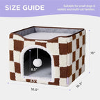 LE SURE Indoor Cat Beds Kitten House - Large Cat Cave for Pet Cube with Fluffy Ball Hanging, Foldable Small Animal Hideaway, 16.5x16.5x13 inches, Brown Checks