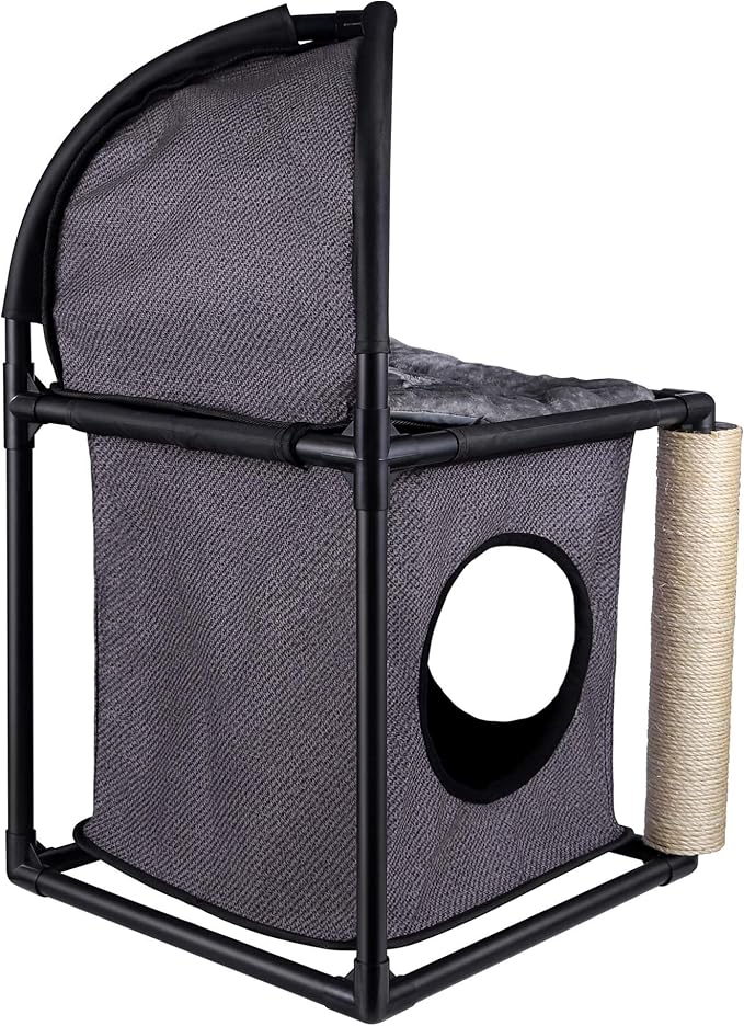 Goetland PVC Modern Cat Condo Cat House Cat Tree Small Cat Tower Bed Scratching Post Dangling Ball Hole for Kitty Indoors Cat Gray