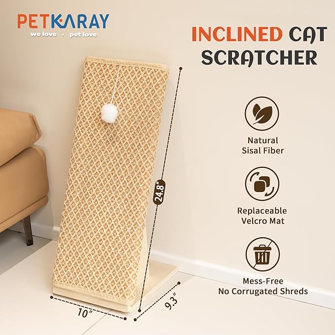 PETKARAY Inclined Cat Scratcher, Sisal Scratching Ramp for Indoor Cats, 24.8'' Cat Scratch Post for Couch, Replaceable Sisal Scratch Pad with Toy Ball, Classic