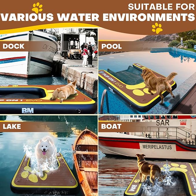 Beyond Marina Dog Pool Ramp - Inflatable Dog Water & Boat Ramp for Lake, Floating Pontoon Dock Ladder with Non-Slip EVA, PUP ON Full EVA, Extra Large 59" x 47" x 6", Teak/Yellow, Supports 230 lbs
