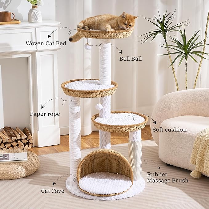 Wood Modern Cat Tree for Indoor Cat, 46" Tall Cat Tower with Scratching Posts, Cat Condo, Aesthetic Multi-Level Cat Climbing Tree with Hand-Woven Bed for Adult Cats-Nature