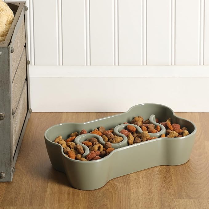 Gibson Home Curious Canines 9” Slow Feeder Dog Bowl, Bone Shaped Melamine Anti-Gulp Pet Bowl, Non-Slip, Dishwasher Safe, Green