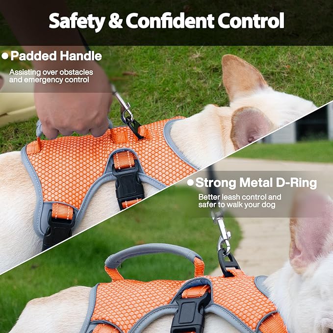 Huntboo Escape Proof Dog Harness, Escape Artist Harness, Reflective Dog Harness with Handle, Durable,Adjustable Vest for Small Medium Large Dogs Walking, Training,and Running Gear(Orange,XL)