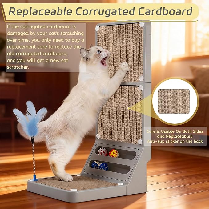 Cat Scratcher Cat Scratch Pad L Shape Wall Mounted Dual Use (Vert/Horiz) Kitten Bunifa Scratching Card Board Vertical Post with Ball Toys Feathers,Protecting Furniture Core is Replaceable Large Grey
