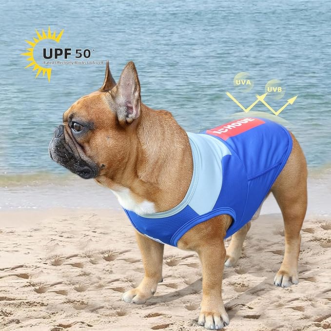 iChoue French Bulldog Summer Cooling Shirt for Dogs UV Sun Protection Vest Sleeveless Stretchy Tank Top English Pug Grey Blue - Large