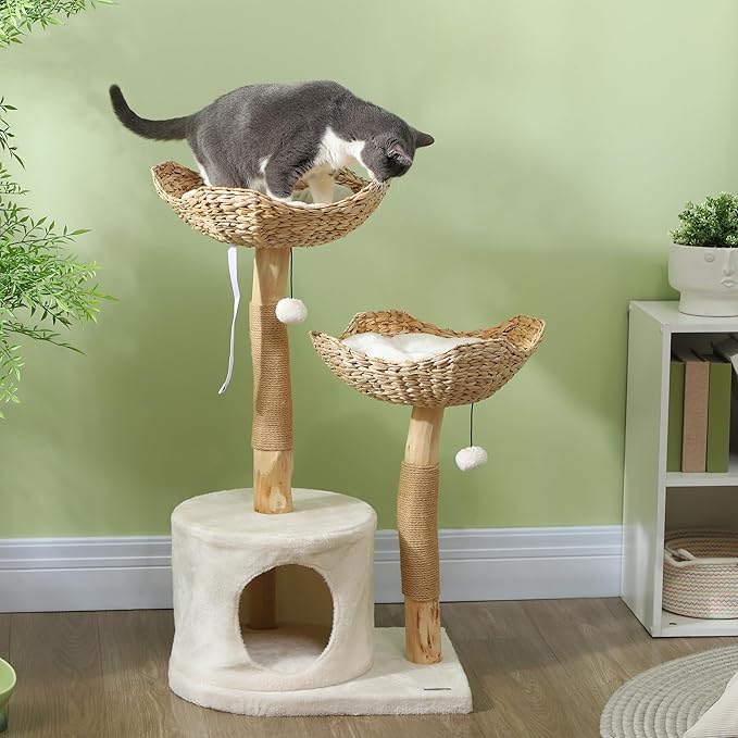 PawHut Cat Tree, 37" Cat Tower for Indoor Cats, Modern Cat Scratching Post with Wooden Posts, Cat Condo, Cat Beds, Toy Balls, Washable Cushions, Anti-Tip Kit, for Kittens & Adult Cats