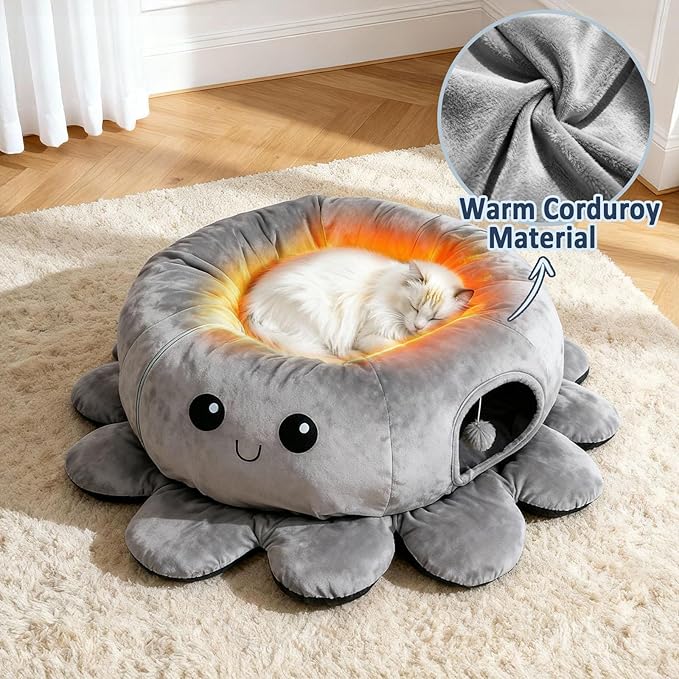 Cat Tunnel Bed for Indoor Cats, Peekaboo Cat Cave Bed with 20 Pcs Cat Toys, Soft Cat Donut Tunnel for Kitten Large Cats, Grey Octopus