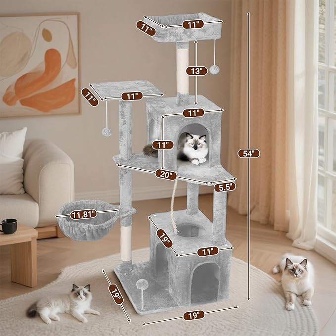 Cat Tree, 54-Inch Cat Tower for Indoor Cats,Plush Multi-Level Cat Condo with Scratching Posts, Basket, Perches (Light Grey01)