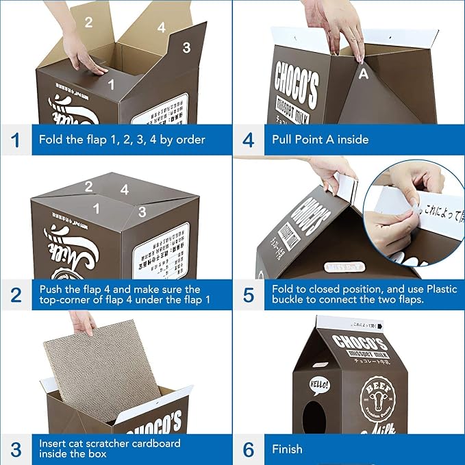 Cardboard Cat House with Scratch Pad, Corrugated Kitten Hideaway Cave, Cute Cats Condos Box, Milk Box Shape Cat Cardboard Scratcher, Christmas/Thanksgiving/Halloween/Birthday Gifts,Black
