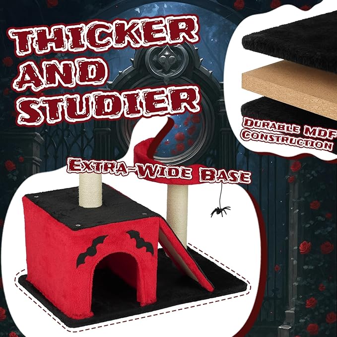 Gothic Cat Tree with Coffin Bed for Indoor Cats, 26" Gothic Cat Tree, Cat Tower with Spacious Cat Condo, 2 Padded Perches, Spider Toy, Scratching Posts, Scratching Ladder for Large Cats, Red & Black