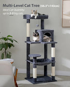 PEQULTI Cat Tree for Large Cats with Metal Frame Big Hammock, Cat Tower for Indoor Cats with 2 Door Condo House, [56.3"=143cm] Multi-Level Cat Shelves with Scratching Posts and Top Perch, Dark Grey