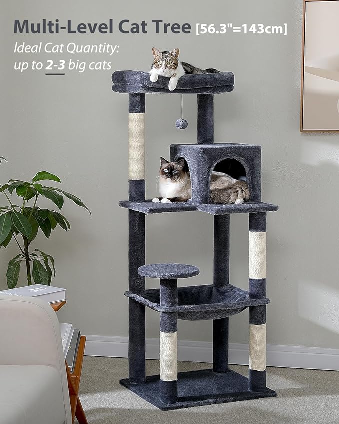PEQULTI Cat Tree for Large Cats with Metal Frame Big Hammock, Cat Tower for Indoor Cats with 2 Door Condo House, [56.3"=143cm] Multi-Level Cat Shelves with Scratching Posts and Top Perch, Dark Grey