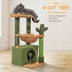 Athena Collection Small Cat Tree Tower with Scratching Post, 33.5 Inch Modern Cute Cat Tree Condo with Cozy Perch Hammock Hanging Ball for Kittens Indoor, Cactus Shade, Green