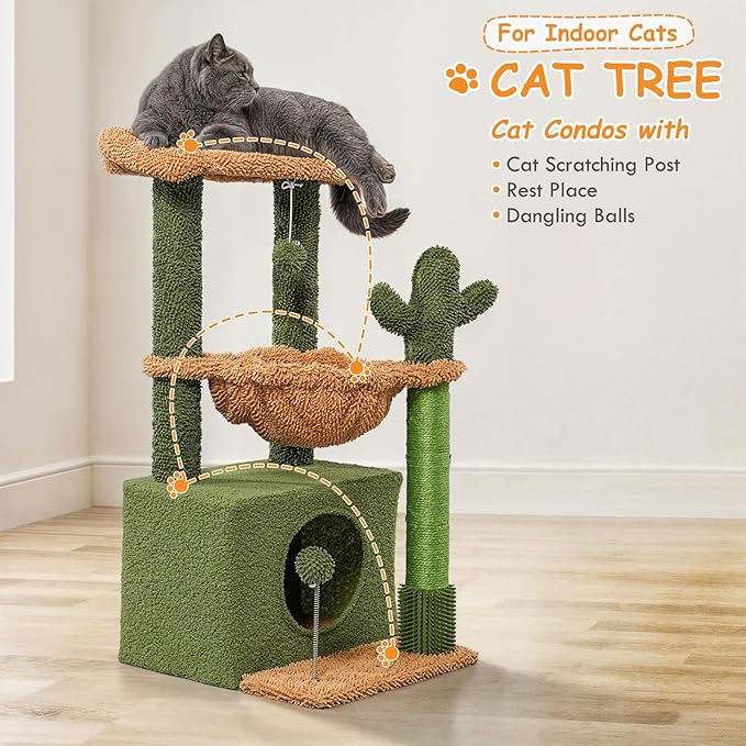 Athena Collection Small Cat Tree Tower with Scratching Post, 33.5 Inch Modern Cute Cat Tree Condo with Cozy Perch Hammock Hanging Ball for Kittens Indoor, Cactus Shade, Green