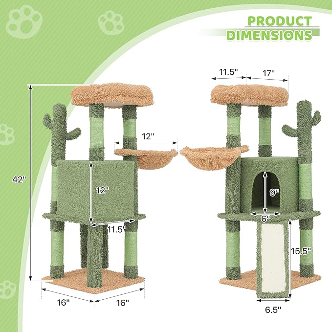 Magshion 42" Cactus Cat Tree, Multi-Level Cat Tower for Indoor Cats with Scratching Posts, Ramp, Top Perch, Side Basket & Platforms, Cat Climbing Tower Kittens Pet Play House