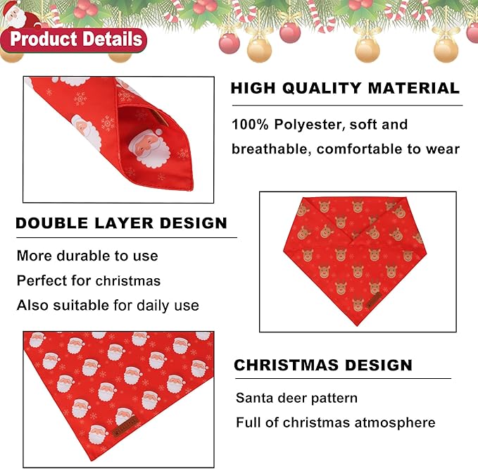 ADOGGYGO Red Christmas Dog Bandanas, Santa Reindeer Print Pet Scarf, Premium Durable Fabric, Red Christmas Bandanas for Small Dogs (Small)