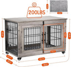 Lulive Large Dog Crate Furniture, 38'' Wooden Dog Crate End Table, Double Door Dog Kennel Indoor with Cushion & Wheels, Decorative Dog Cage House Chew-Resistant for Large/Medium, Grey