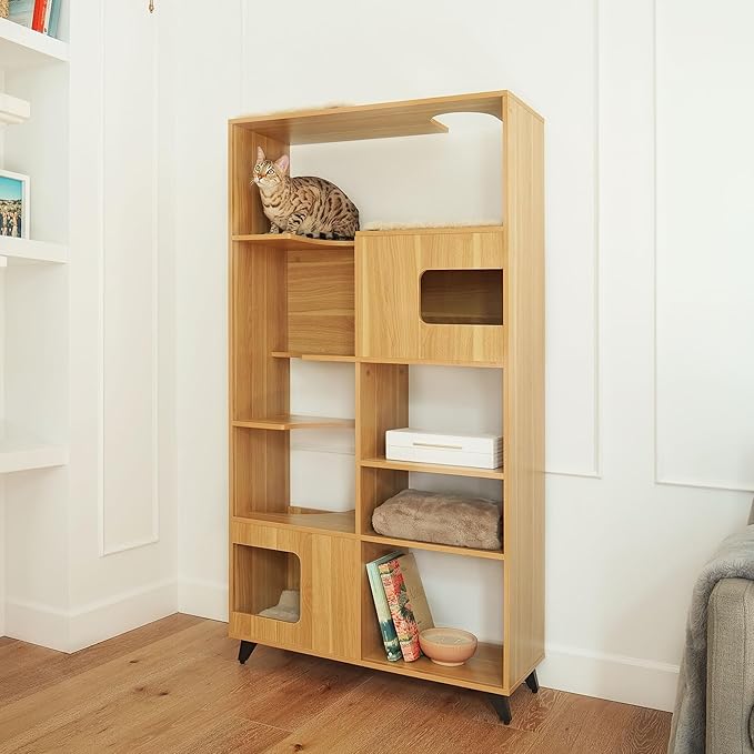 4 Cats & Dogs Clifford Cat Tree Bookshelf – Modern Pet Condo with Climbable Shelves, Multi-Level Tower, Indoor Dog Furniture, Space-Saving Bookshelf & Pet Nooks, 69”H x 36”L x 15”D (Oak)