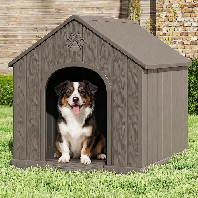 Fancyango Dog House Outdoor Indoor, Weatherproof Dog House with Elevated Floor and Air Vents for Small to Medium Dogs,Easy Clean and Assemble (Grey1, 26.18''L × 24.02''W × 25.98''H)