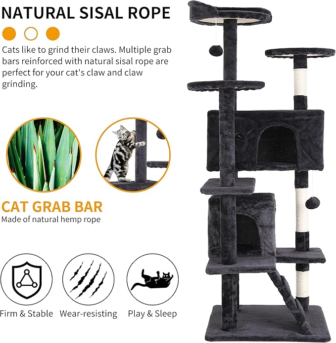 BLKMTY Cat Tree 70" Tall Cats Tower Large Cat Condo Climber Cats Climbing Stand with Top Perches Playhouse and Climbing Ladder Kitty Activity Tree w/Scratching Post Toys, Dark Gray