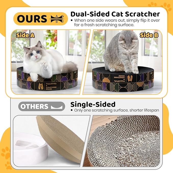Cat Scratcher Cardboard Bed - Happy&Polly Round Cat Scratching Pad for Indoor Cats Double-Sided Usable Corrugated Cat Beds Furniture Protector Scratch Deterrent - Black