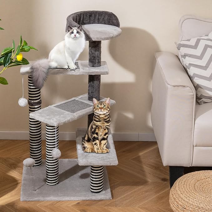 PETSITE 37-inch Small Cat Tree for Elder Cats, Modern Cat Tree Tower with Sisal Scratching Posts, Interactive Hanging Balls, Spring Ball, and Multiple Jumping Platforms with Sisal Scratching Boards