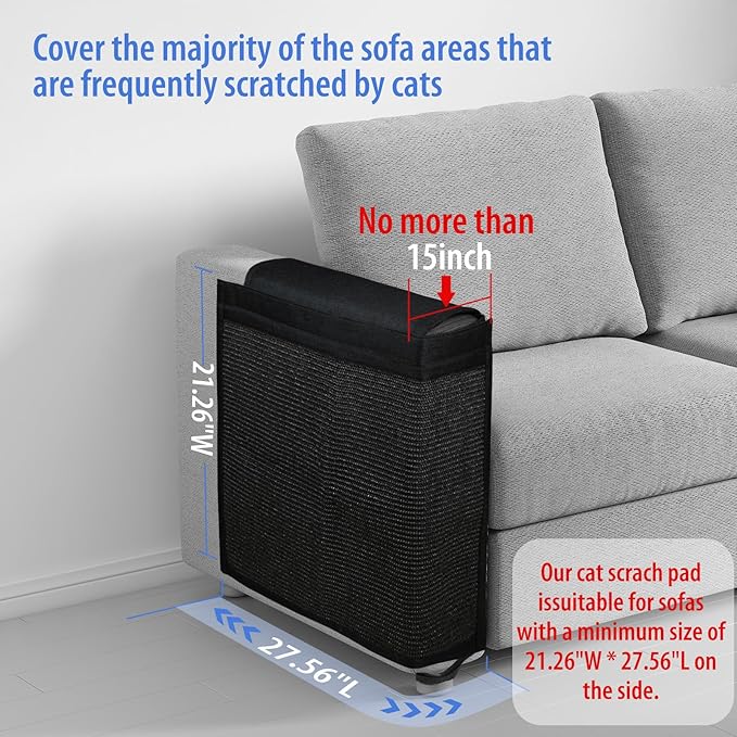 Reversible Cat Scratch Couch Protector Made of Natural Sisal for Ultimate Furniture Protection,Couch Protector from Cat Claws,Couch Corner Cat Scratcher, Universal Fit Both Sides(Black,1-Pack)