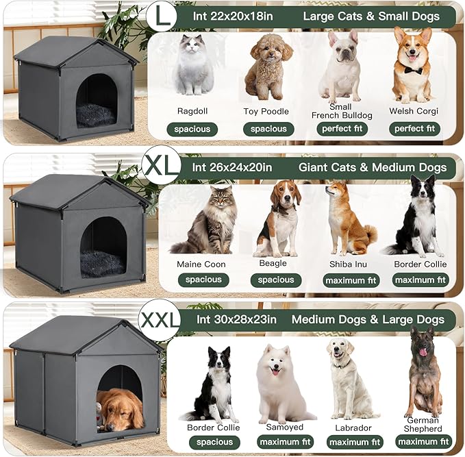 Large Dog House Soft Indoor (Int 30x28x23in/Ext 31x30x31in) for Labrador, Husky, Samoyed, Golden Retriever, German Shepherd, Large Pet House with Soft Cushion, Oxford Fabric, Gray