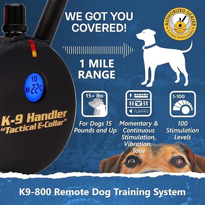 Educator K9-800 K9 Handler E Collar for Dog Training with Remote - 1 Mile Range, Waterproof, 100 Stimulation Levels, Tone or Vibration Mode, Night Light for Small, Medium & Large Dogs (33 Inc)