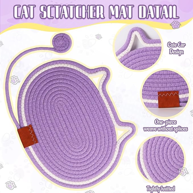2 PC Cat Scratcher Mat - Natural Cotton Rope Oval Horizontal Scratch Pad (11''x13.7'') with Dangling Ball Toy, Cat Ear Design, Furniture Protector for Floor/Wall, Durable Handmade (Grey, 2 PC)
