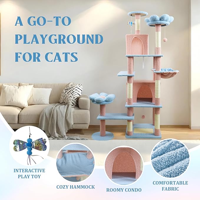 Blue 71 Inch Flower Cat Tree Tower, Cat Tower for Indoor Cats Large Adult, Multi-Level Cat Tree with Scratching Posts, Hammock, 2 Condos and a Large Top Perches for Indoor Cats