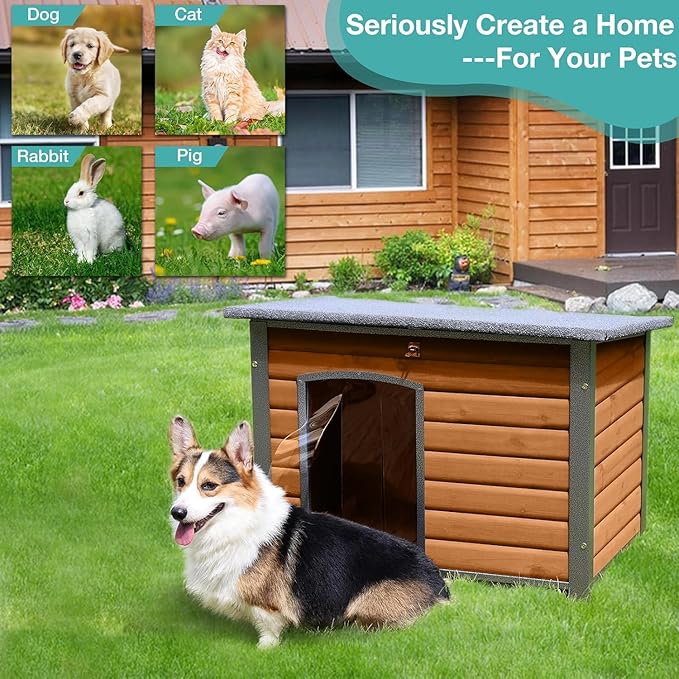 Indoor/Outdoor Dog House with Iron Frame - All-Weather Wooden Pet Shelter for Medium/Large Dogs (Grey, L)