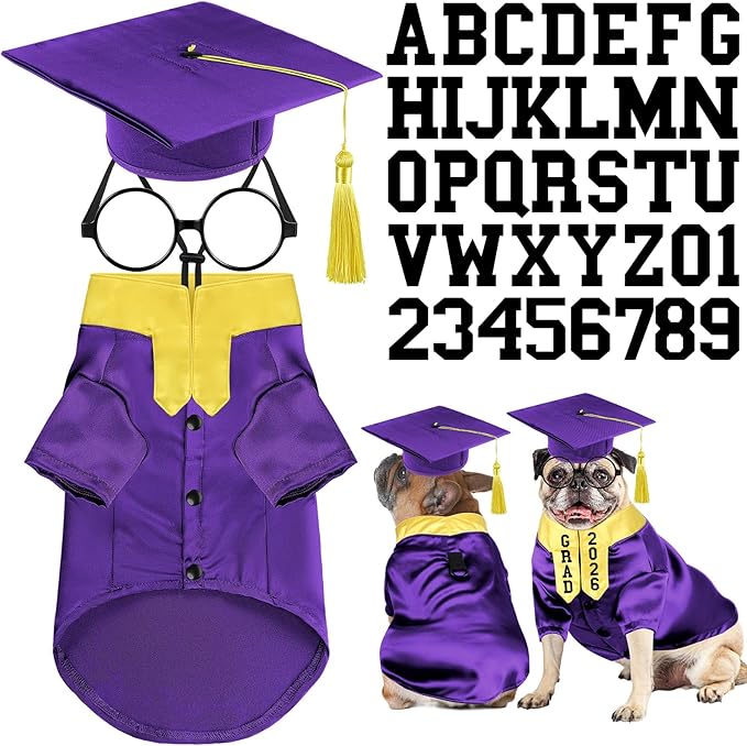 5 Pcs Dog Graduation Costume Set Include 2025 Pet Graduation Gown with Stole Puppy Grad Cap Lensless Glasses DIY Letter Stickers for Dogs Cats Holiday Costume Accessory(Purple Yellow,M)