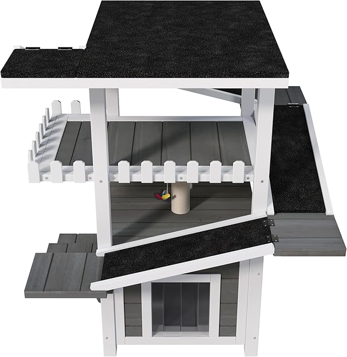 4-Tier Outdoor Cat House for Multiple Cats, Weatherproof Wood Catio Cat Tree Tower, Feral Cat Shelter Outside Enclosure with Balcony, Scratching Post, Ramps & Escape Flap Doors (White)