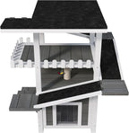 4-Tier Outdoor Cat House for Multiple Cats, Weatherproof Wood Catio Cat Tree Tower, Feral Cat Shelter Outside Enclosure with Balcony, Scratching Post, Ramps & Escape Flap Doors (White)
