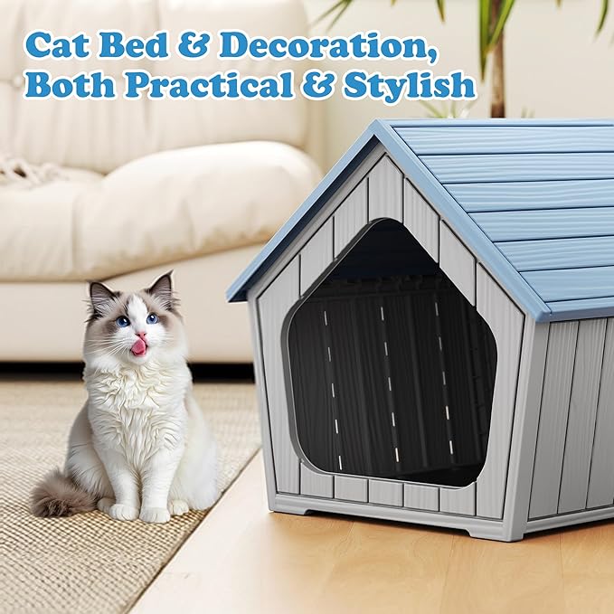 KAMABOKO Outdoor Cat House – Durable Pet Shelter with Ventilation for Indoor & Outdoor, Removable Roof, Easy to Clean, Comfortable Cozy Hideout for Cats(Blue)