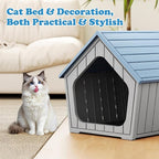 LHBcraft Cat House Outdoor Indoor, Sturdy Waterproof Plastic Cat House for Small to Medium Sized Cats, Resin Cat Shelter with Air Vents, Easy Clean and Assemble, Grey (Blue-22.4" D x 18" W x 22.2" H)