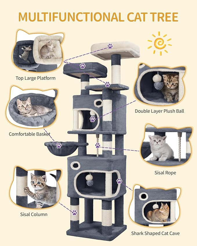 62.6" Cat Tree for Indoor Cats, Cat Tower, Multi-Level Cats Condo with 8 Scratching Posts, 3 Platforms, 2 Caves, Basket, Plush Balls, Sisal Rope, Anti-Tip Kit, Dark Grey MS15918SG